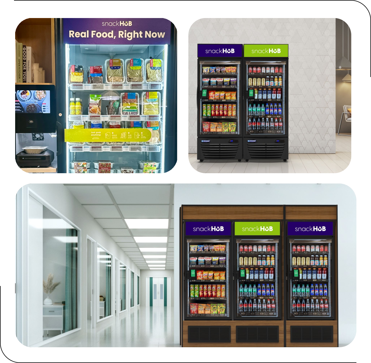 A collage of Snackhub Smart Fridges in various locations